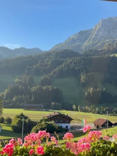A chalet in the Gstaad valley below forested mountains, with pink geraniums in the foreground